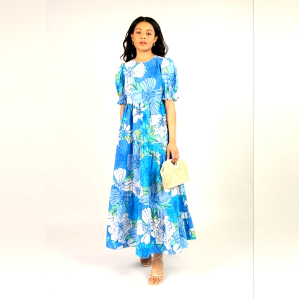 Lavaand The Cecelia Organic Cotton Maxi Dress in Blue Floral Size 6